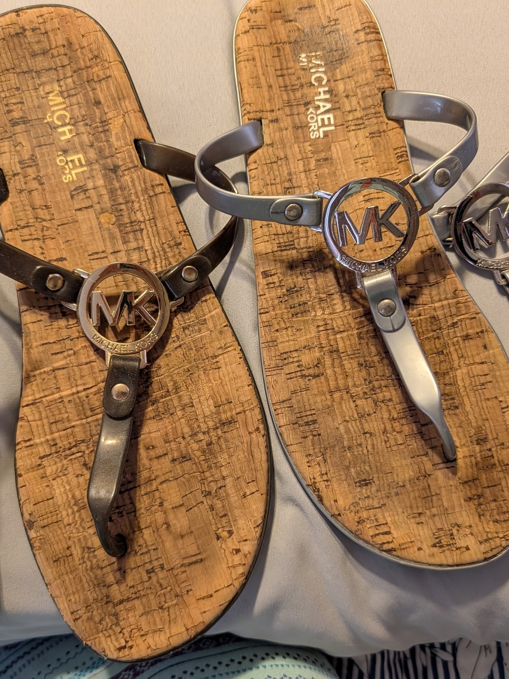 Michael Kors Bronze and Silver MK Logo Cork-Textured Thong Sandals